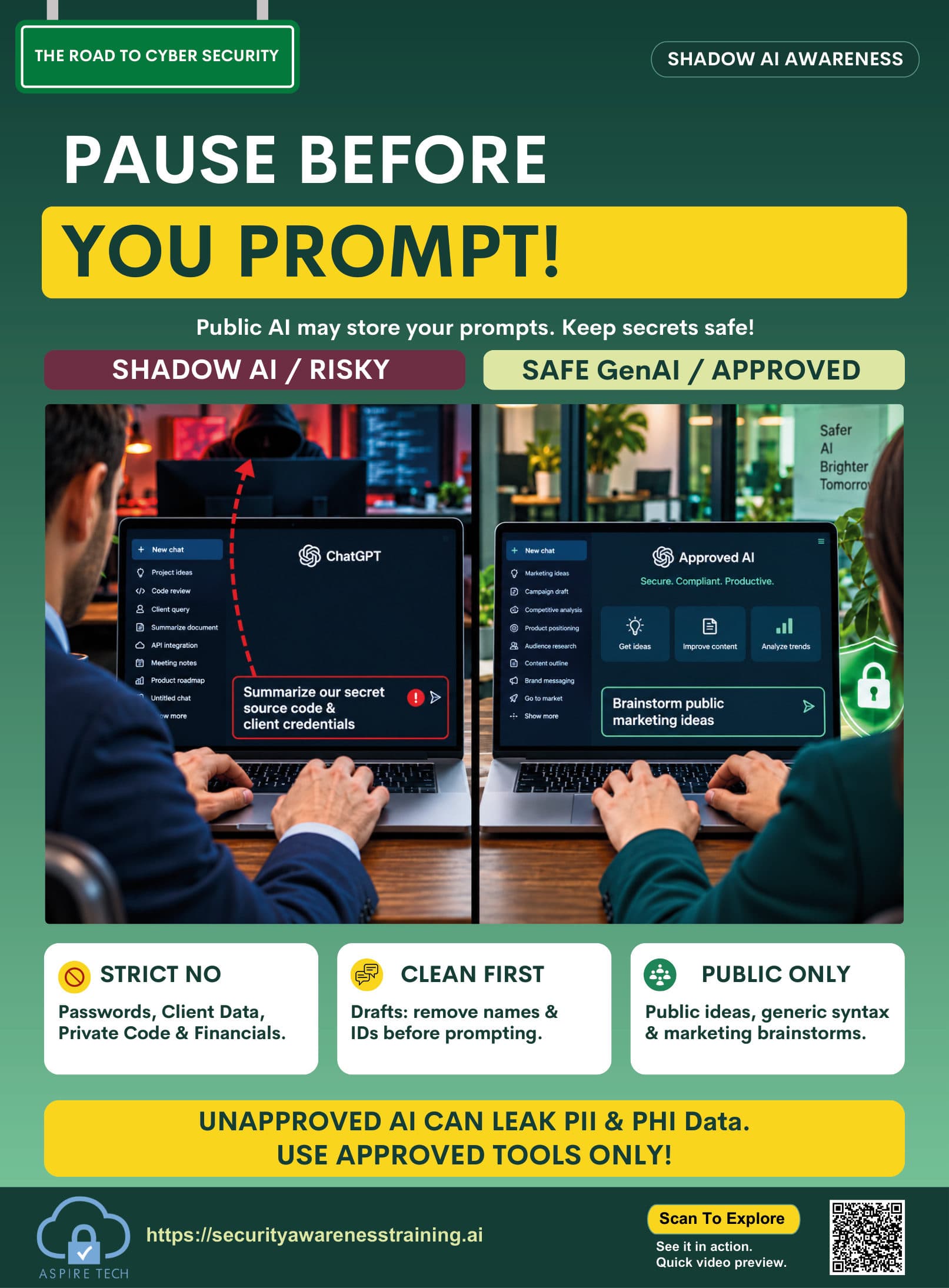Shadow AI awareness poster. The headline reads Pause before you prompt. It contrasts a risky unapproved chat that includes secret source code and client credentials with an approved tool used for public marketing ideas.